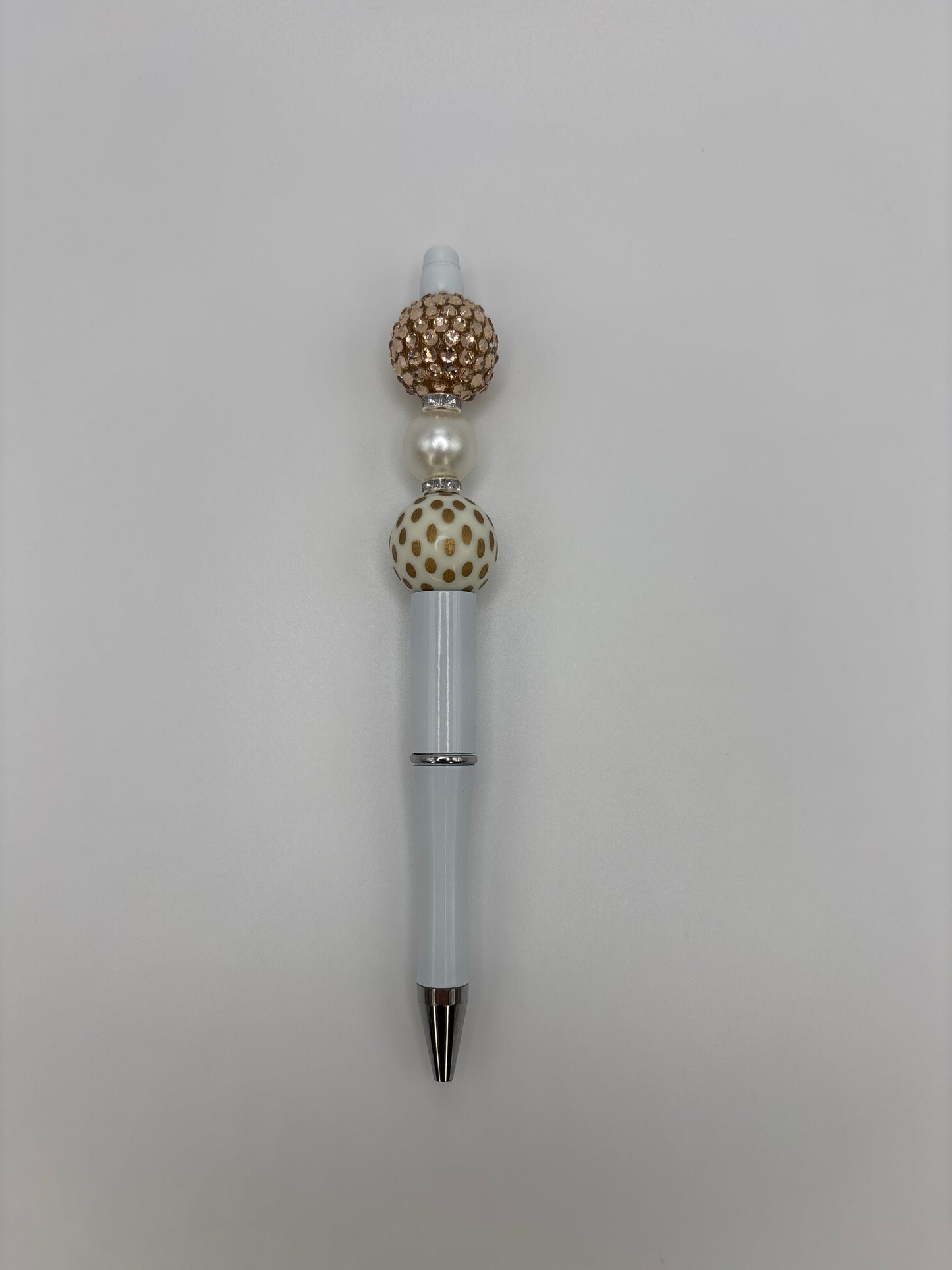 Champagne Pearl Glam Beaded Pen - Gold Rhinestone & Polka Dot Beads - Refillable White Barrel Pen