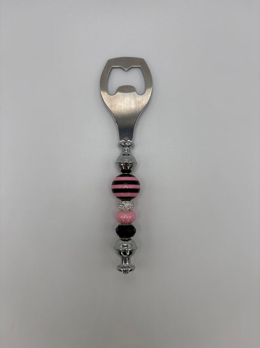 Pink & Black Striped Beaded with Sparkle Accent - Bottle Opener - Glam Bar Accessory