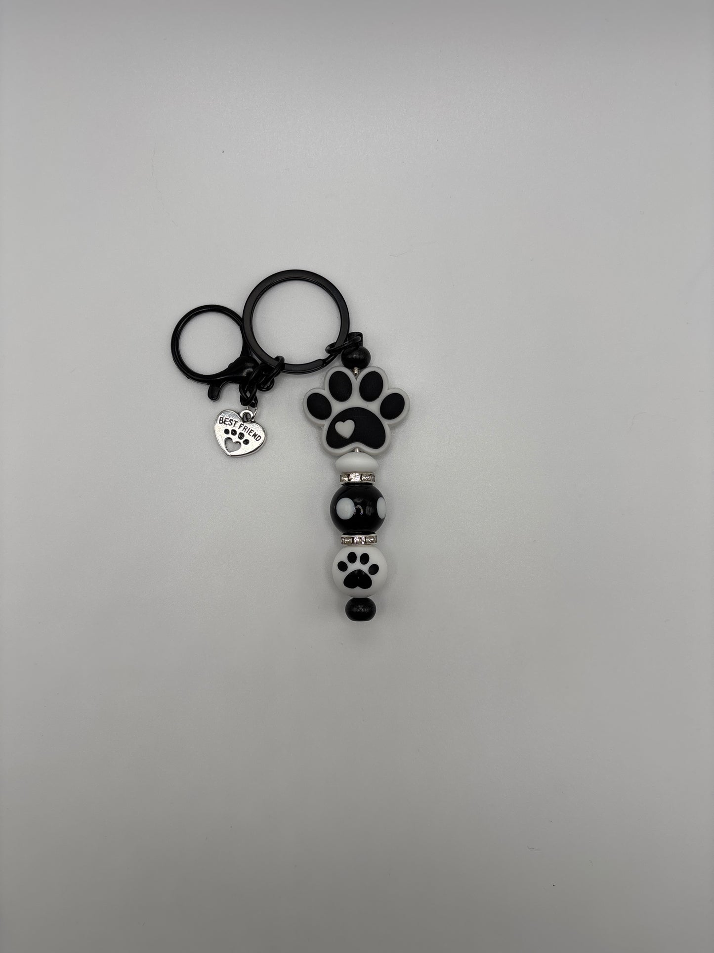 Black & White Paw Print Keychain with Polka Dot Bead – Cute Dog Mom Gift - Pet Lover Accessory
