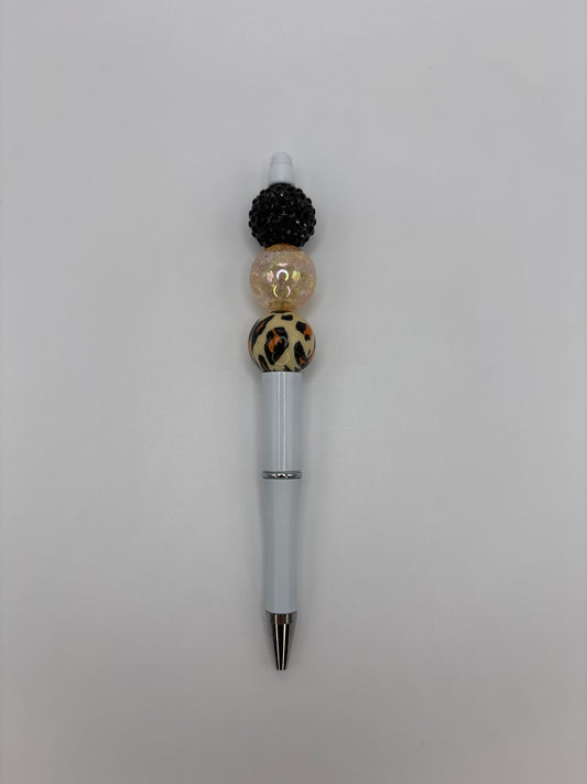 Chic Leopard Gold Sparkle Beaded Pen - Black & Gold Beads - Refillable White Barrel Pen