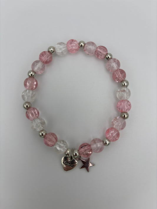 Pink & Clear Crackle Glass Bead Bracelet with Heart & Star Charms