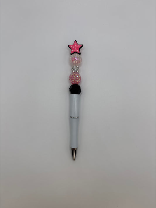 Pink Star Topper Sparkly Beaded Pen with White Barrel and Black Bead