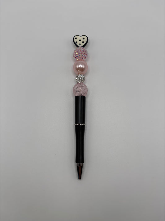 White Heart Topper Beaded Pen – Pink and Rhinestone Beads with Black Barrel Refillable Ink