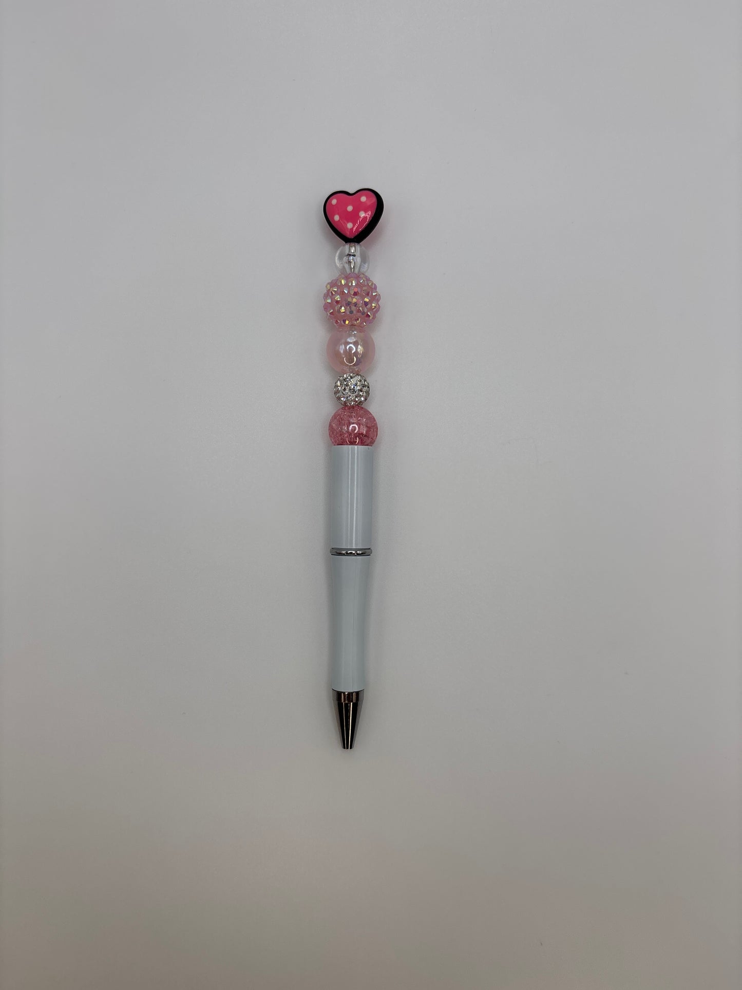 Pink Heart Topper Beaded Pen with White Barrel - Cute Sparkly Pen for Stationery Lovers