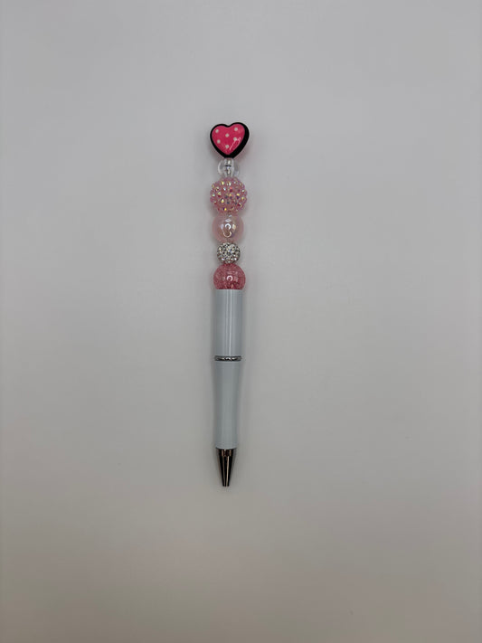Pink Heart Topper Beaded Pen with White Barrel - Cute Sparkly Pen for Stationery Lovers