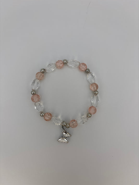 Rose Pink Crackle Glass Bead Bracelet with Clear Faceted Beads & Butterfly Charm