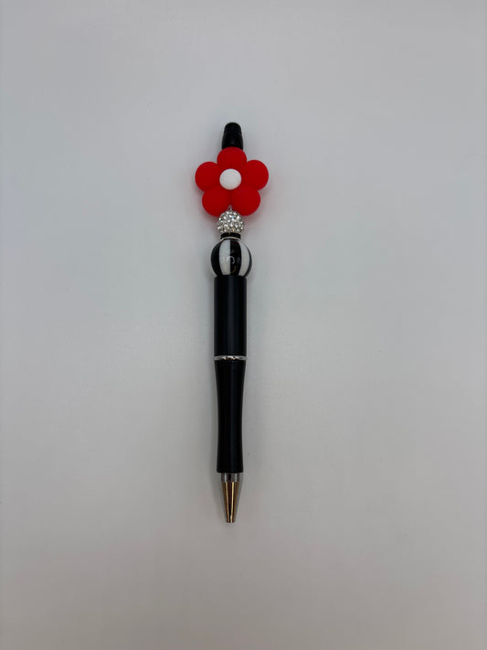Red Daisy Flower Beaded Pen – Black Barrel with Rhinestone & Striped Bead - Handmade Sparkle Pen
