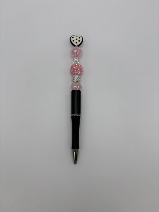 White Heart Topper Sparkly Beaded Pen with Black Refillable Barrel