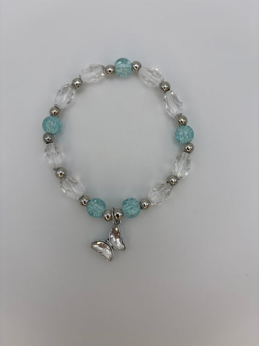 Blue Crackle Glass Bead Bracelet with Clear Faceted Beads & Butterfly Charm