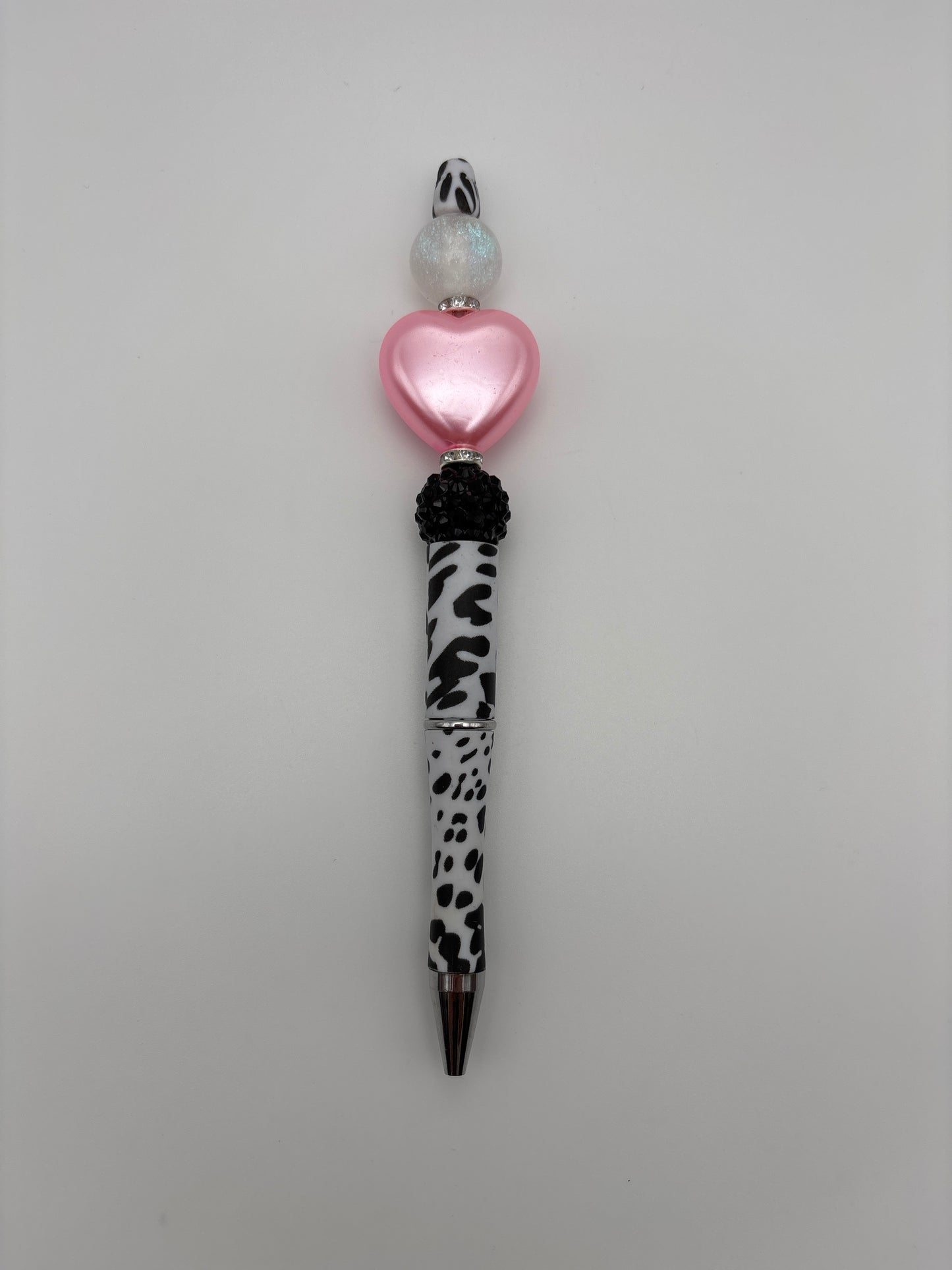 Cow Print Heart Glam Pen – Pink Heart, Shimmer Beads & Black Crystal Accents