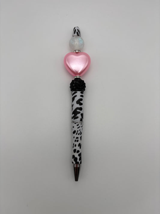Cow Print Heart Glam Pen – Pink Heart, Shimmer Beads & Black Crystal Accents