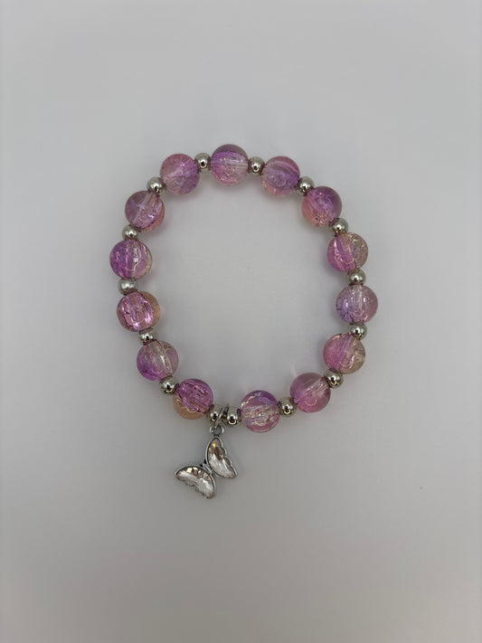 Purple Gradient  Glass Beads Bracelet with Metal Spacers & Butterfly Charm