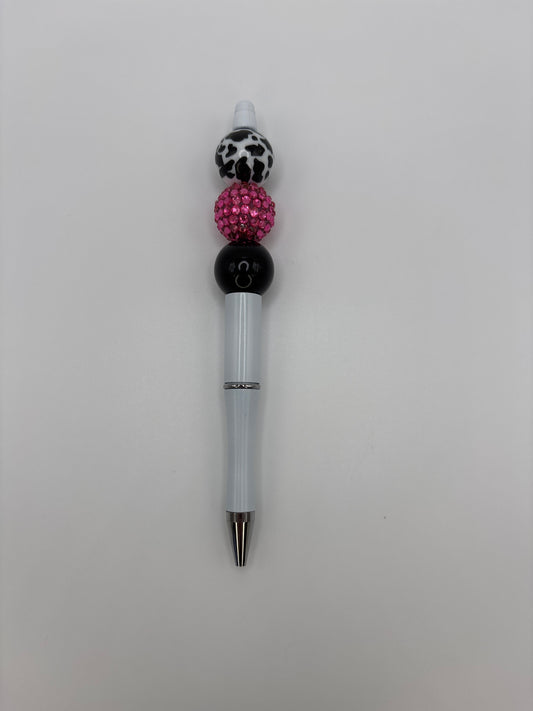 Cow Print & Fuchsia Rhinestone Beaded Pen – Refillable White Barrel