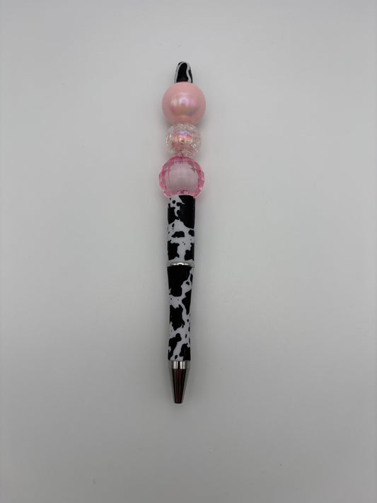 Cow Print Glam Pen – Pink Pearl, Iridescent Beads & Faceted Sparkle Accent