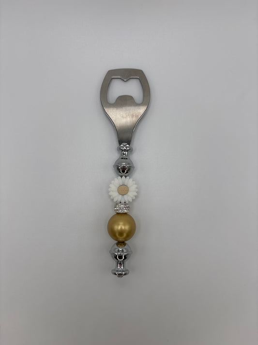 White & Gold Daisy Beaded Bottle Opener with Sparkle Rhinestones - Handmade Gift