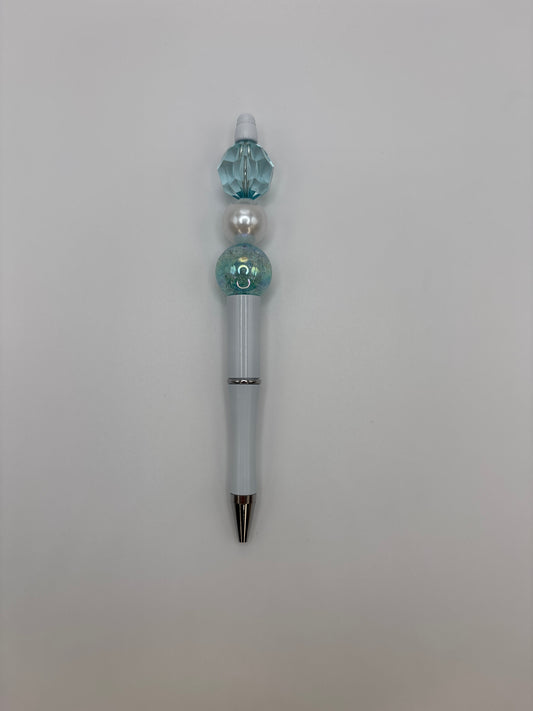 Crystal Wave Beaded Pen – Teal Crystal & Pearl Bead Pen with White Barrel