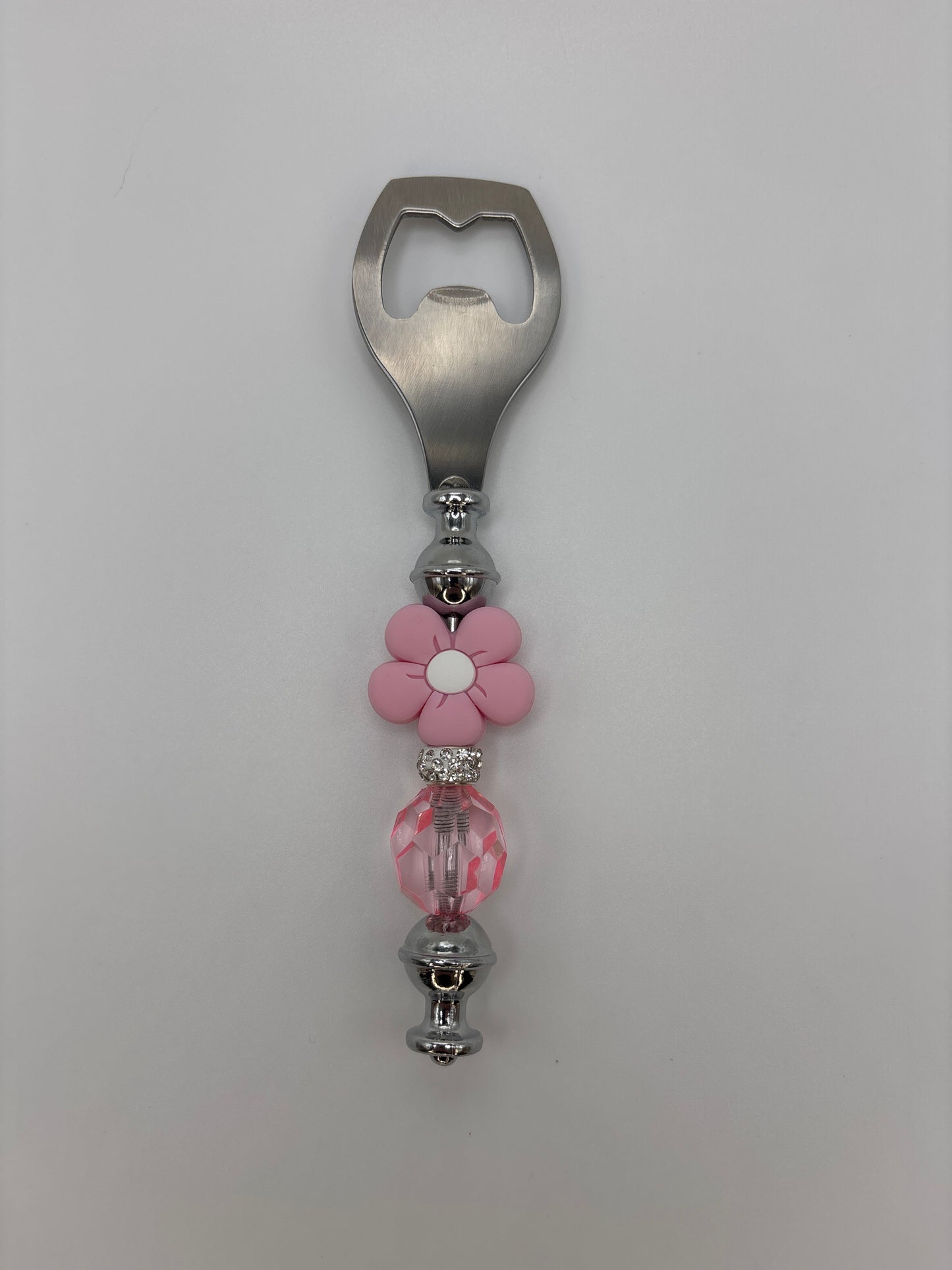 Pink Daisy Flower Beaded Bottle Opener with Crystal Sparkle Beads - Handmade Gift