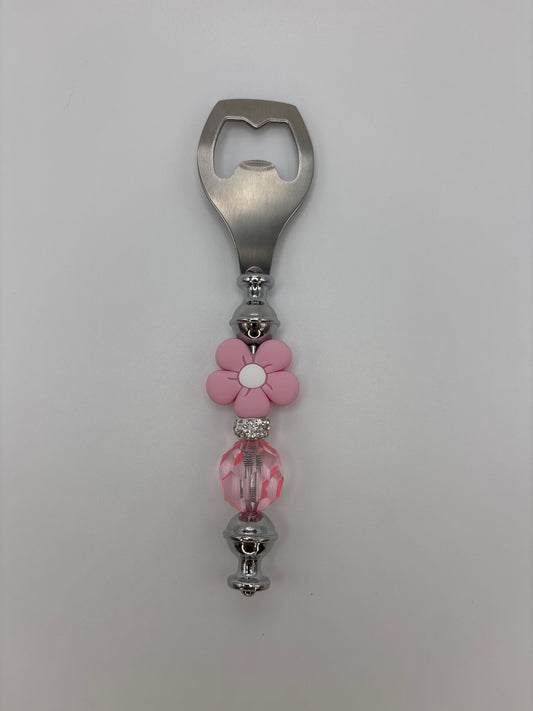 Pink Daisy Flower Beaded Bottle Opener with Crystal Sparkle Beads - Handmade Gift