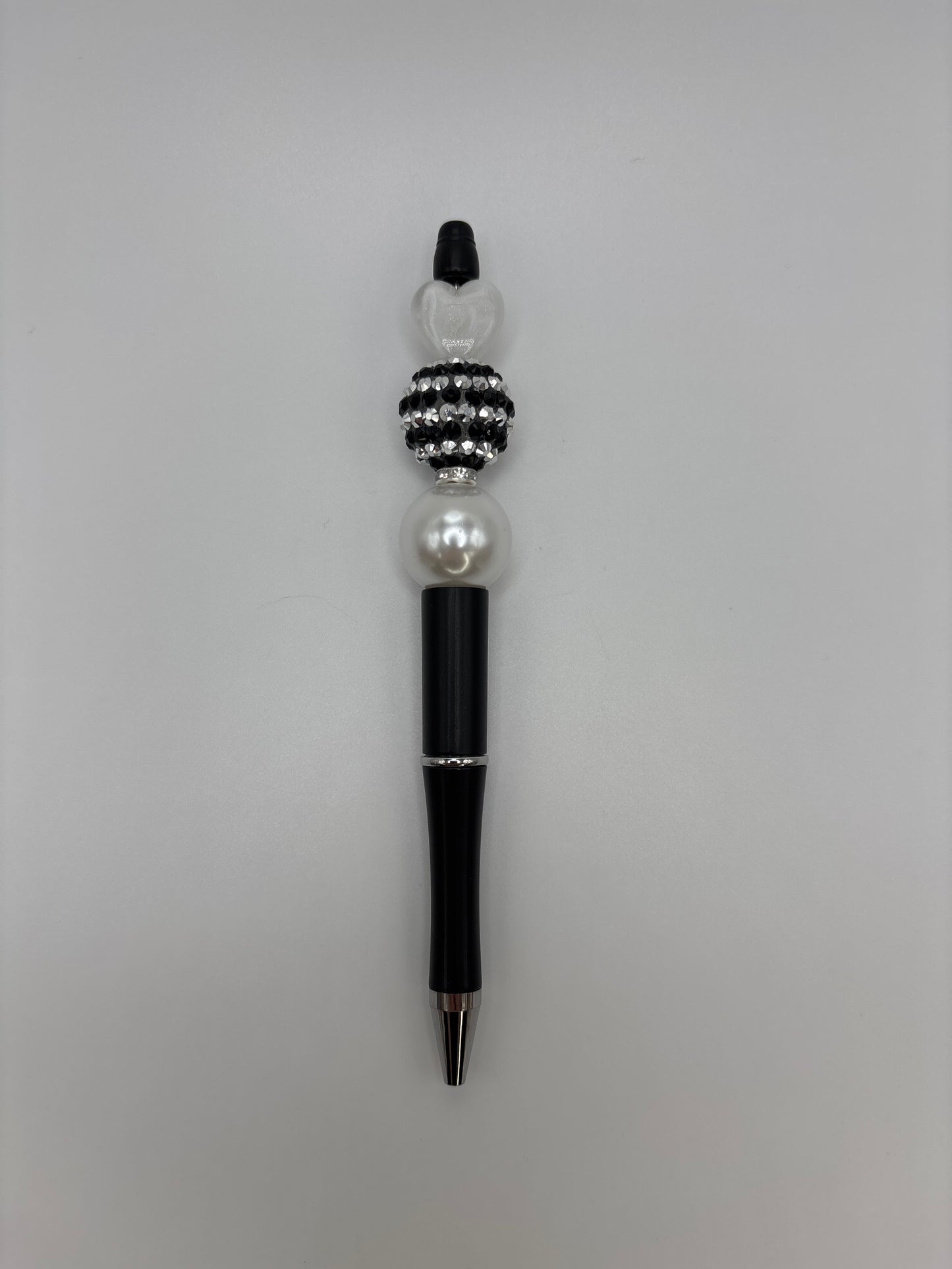 Elegant Heart Beaded Black Barrel Pen – Black & White Rhinestone Pen with Pearl Accent - Classy Sparkle Pen