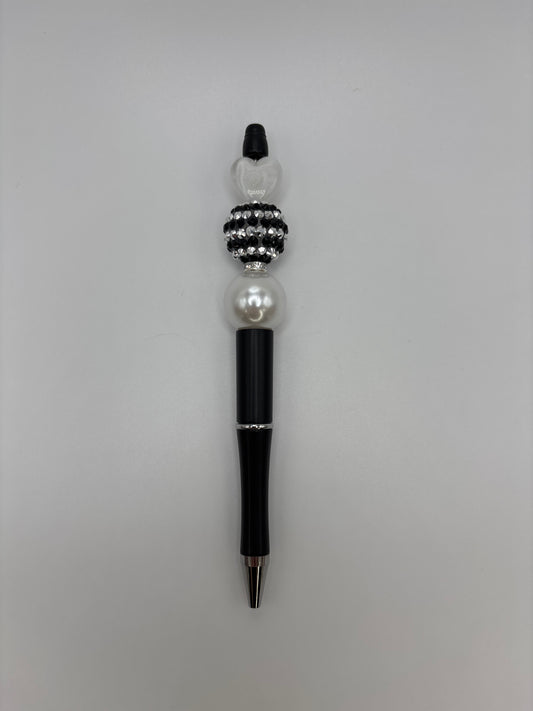 Elegant Heart Beaded Black Barrel Pen – Black & White Rhinestone Pen with Pearl Accent - Classy Sparkle Pen