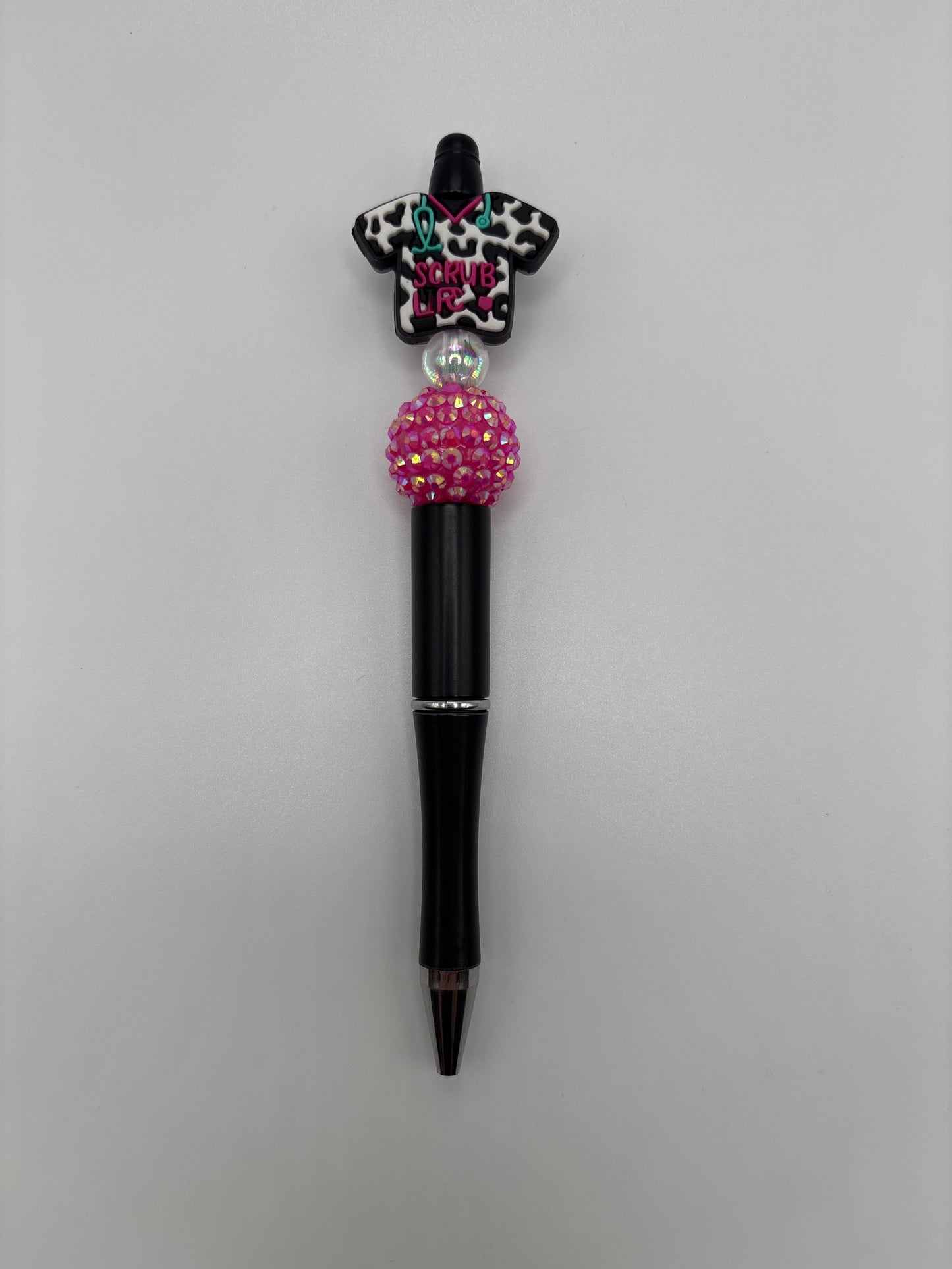 Scrub Life Beaded Pen 🩺✨ Cow Print & Hot Pink Sparkle Pen – Handmade Gift for Nurses, Techs & Healthcare Workers
