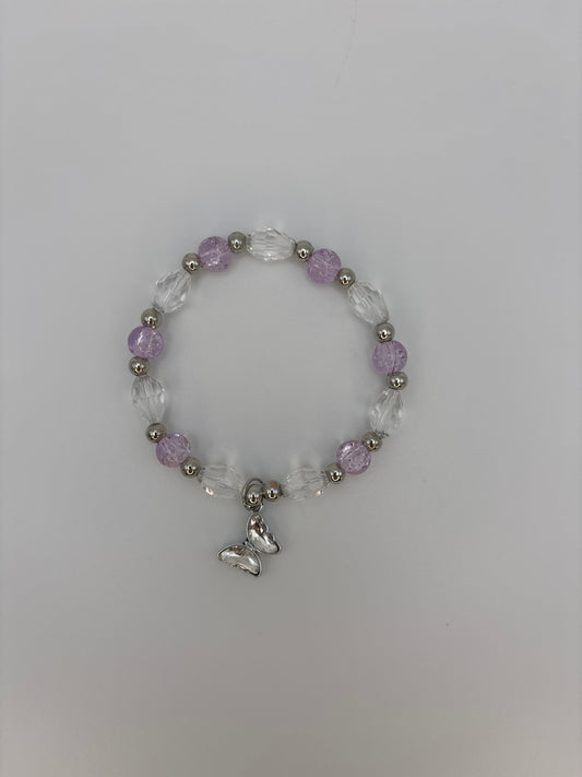 Purple Crackle Glass Bead Bracelet with Clear Faceted Beads & Butterfly Charm