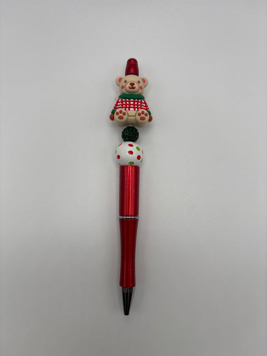 Christmas Bear Beaded Pen with Festive Plaid Topper - Cute Gift or Stocking Stuffer