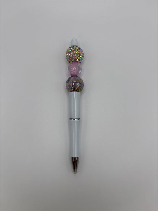 Twilight Dream Purple Beaded Pen - Gold & Lavender Sparkle Beads - Refillable White Barrel Pen
