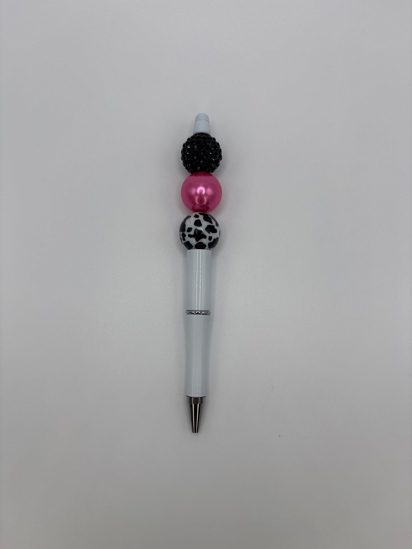 Cow Print & Fuchsia Beaded Pen - White Refillable Barrel Pen