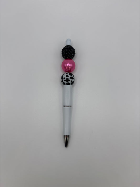 Cow Print & Fuchsia Beaded Pen - White Refillable Barrel Pen