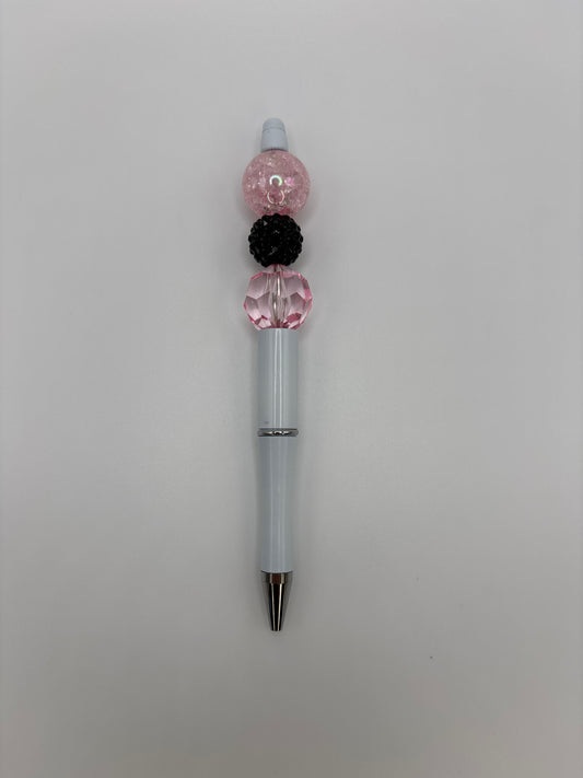 Soft Rose Glam Beaded Pen - Pink & Black Sparkle - Refillable White Barrel Pen
