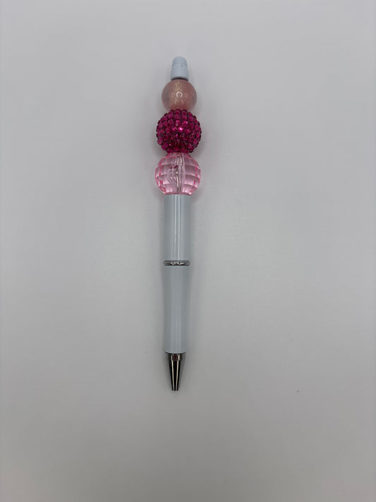 Hot Pink Sparkle Beaded Pen - Refillable White Barrel