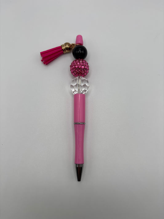 Breast Cancer Awareness Pen - Black & Pink Sparkle Beaded Pen with Tassel - Handmade Pen - Beads & Glimmer