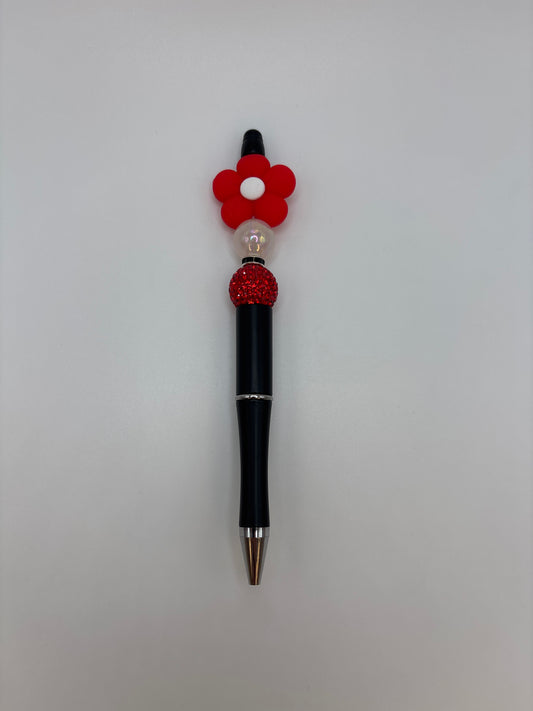 Red Daisy Flower Sparkle Beaded Pen - Handmade Black Barrel Pen – Cute Flower Pen Gift for Her