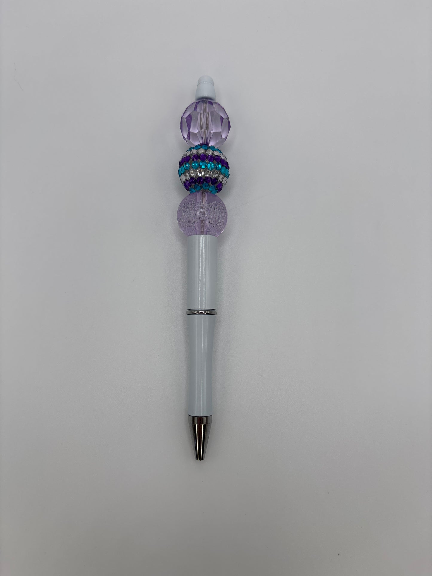 Purple Crystal Glam Beaded Pen - Teal & Lavender Sparkle Beads - Refillable White Barrel Pen