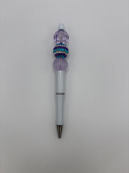 Purple Crystal Glam Beaded Pen - Teal & Lavender Sparkle Beads - Refillable White Barrel Pen