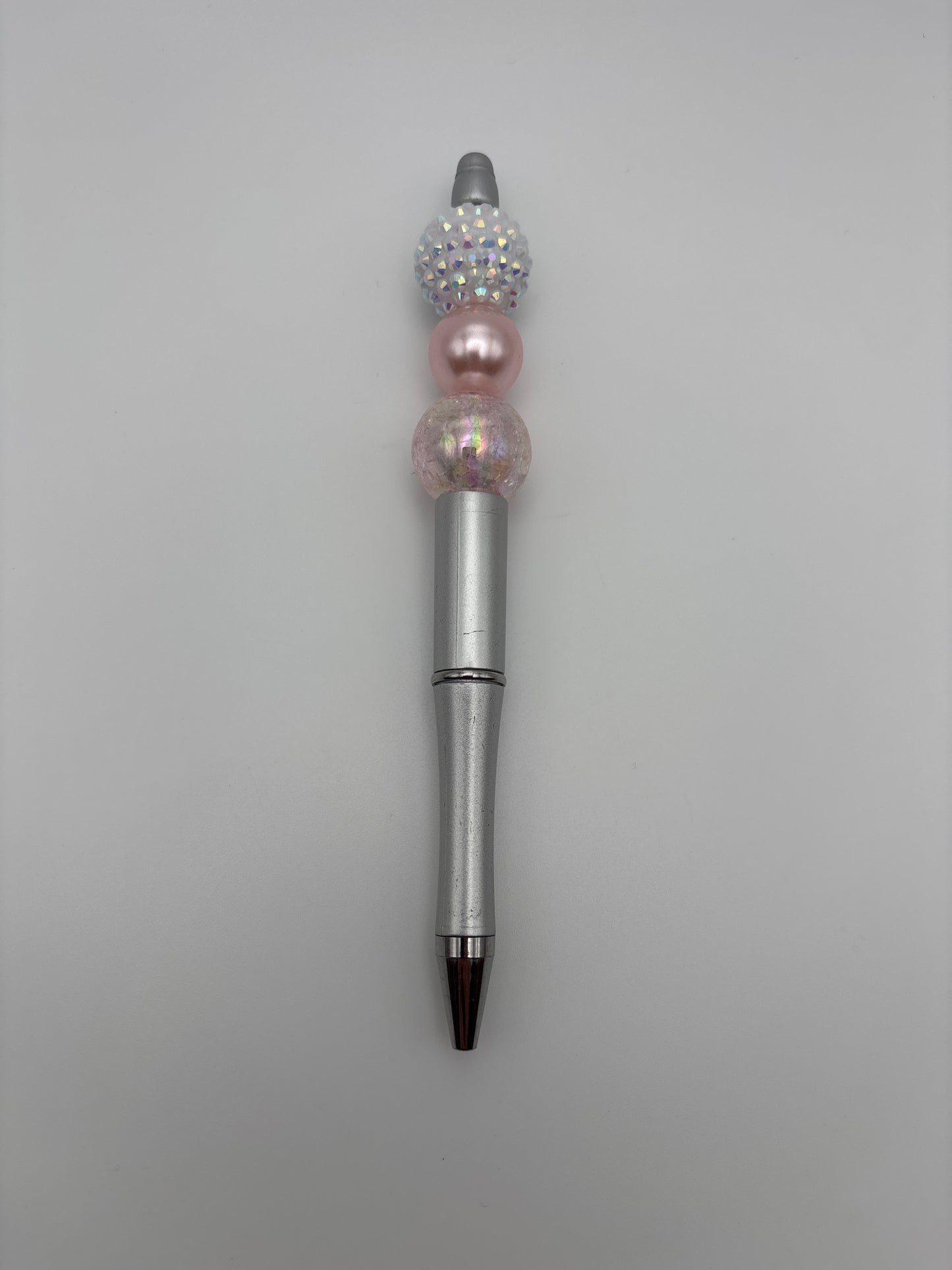 Silver Blush Elegance Pen – Iridescent Rhinestone, Pink Pearl & Cracked Glass Beads on Silver Barrel