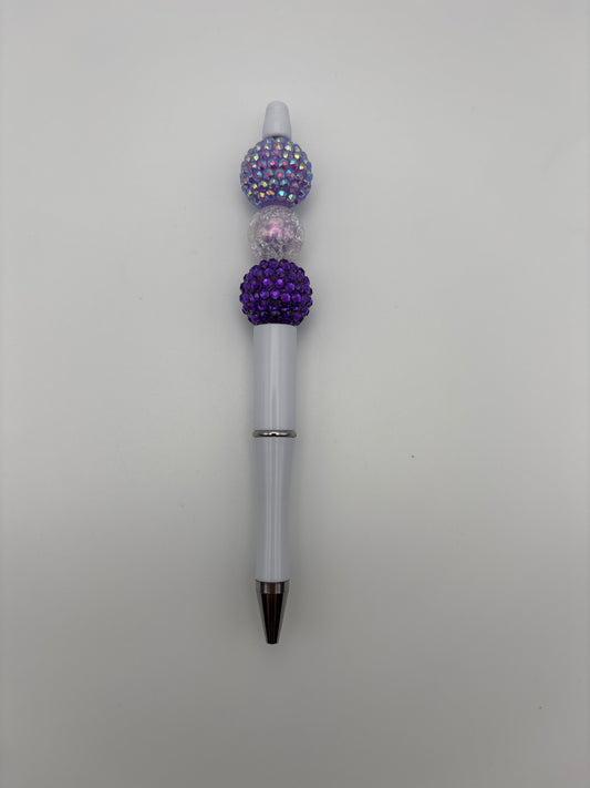 Amethyst Glow Beaded Pen – Purple & Crystal Sparkle Pen with White Barrel