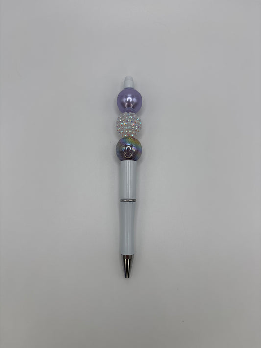 Soft Purple Glow Beaded Pen - Iridescent & Pearl Beads - White Refillable Barrel Pen