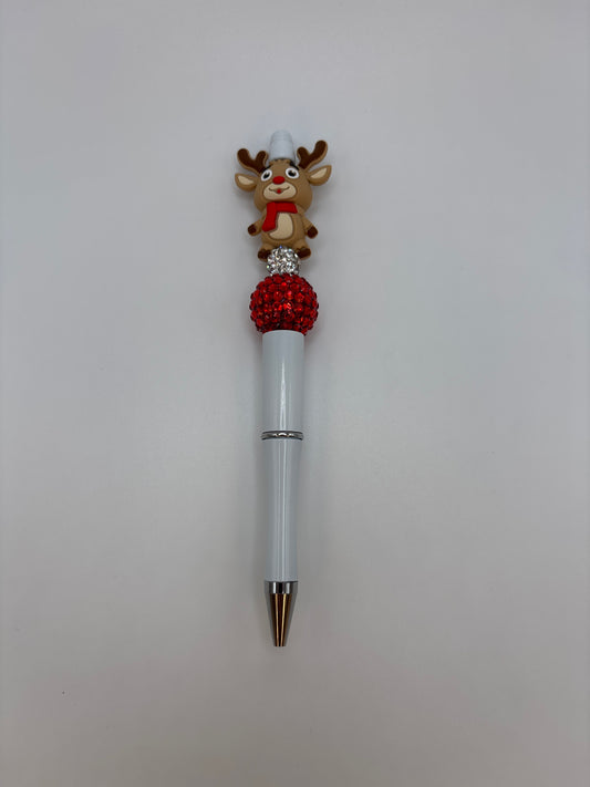 Reindeer Christmas Beaded Pen with Red & Silver Sparkle Beads - Cute Gift or Stocking Stuffer