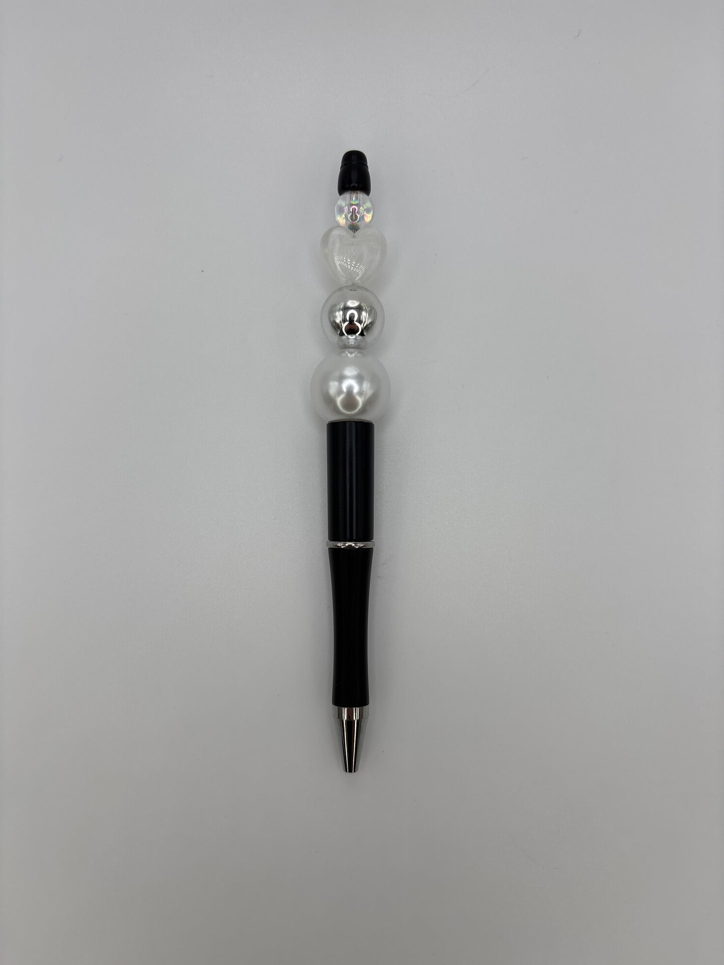 Elegant Pearl & Silver Beaded Pen – Heart Accent - Luxury Black & White Sparkle Pen Gift