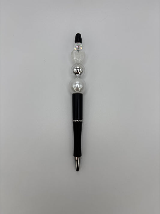 Elegant Pearl & Silver Beaded Pen – Heart Accent - Luxury Black & White Sparkle Pen Gift