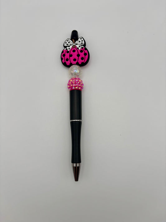 Hot Pink & Black Polka Dot Pumpkin Beaded Pen with Bow – Sparkly Fall & Halloween Pen