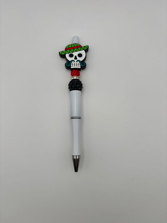 Skull with Sombrero Beaded White Pen – Day of the Dead Skull Pen