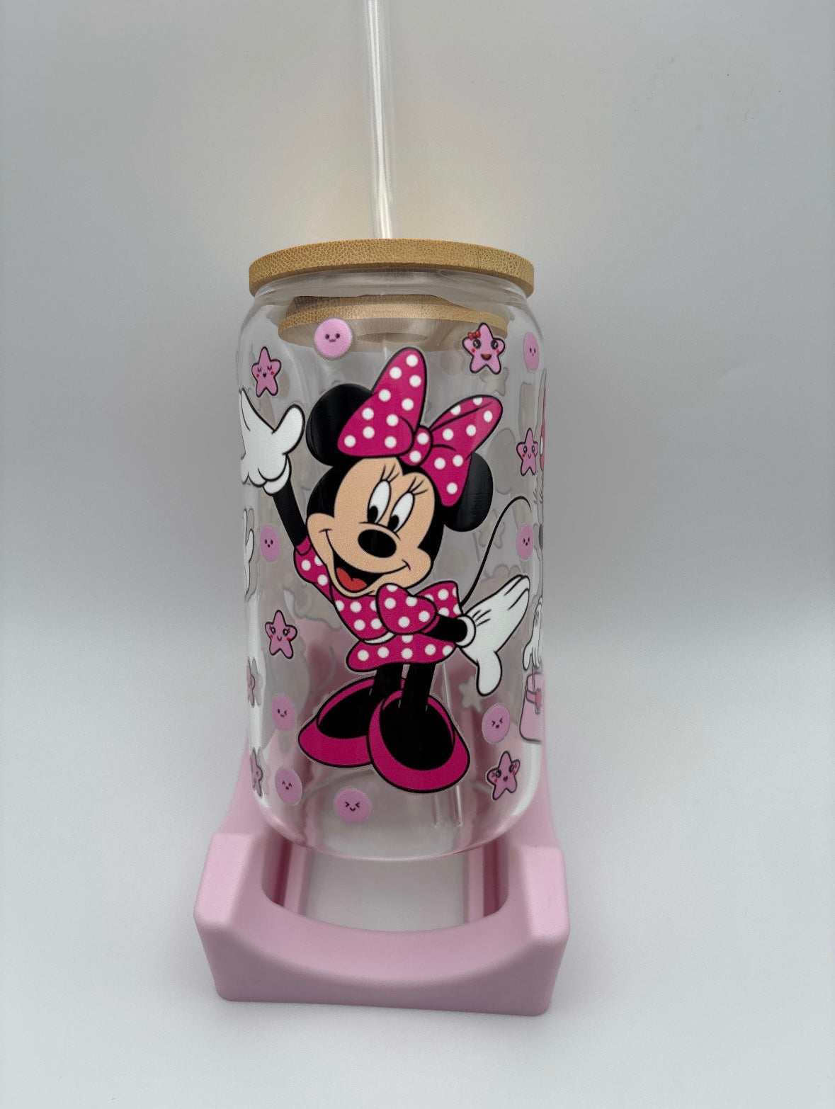 Pink Minnie Mouse Glass Tumbler • 16oz • Bamboo Lid + Glass Straw