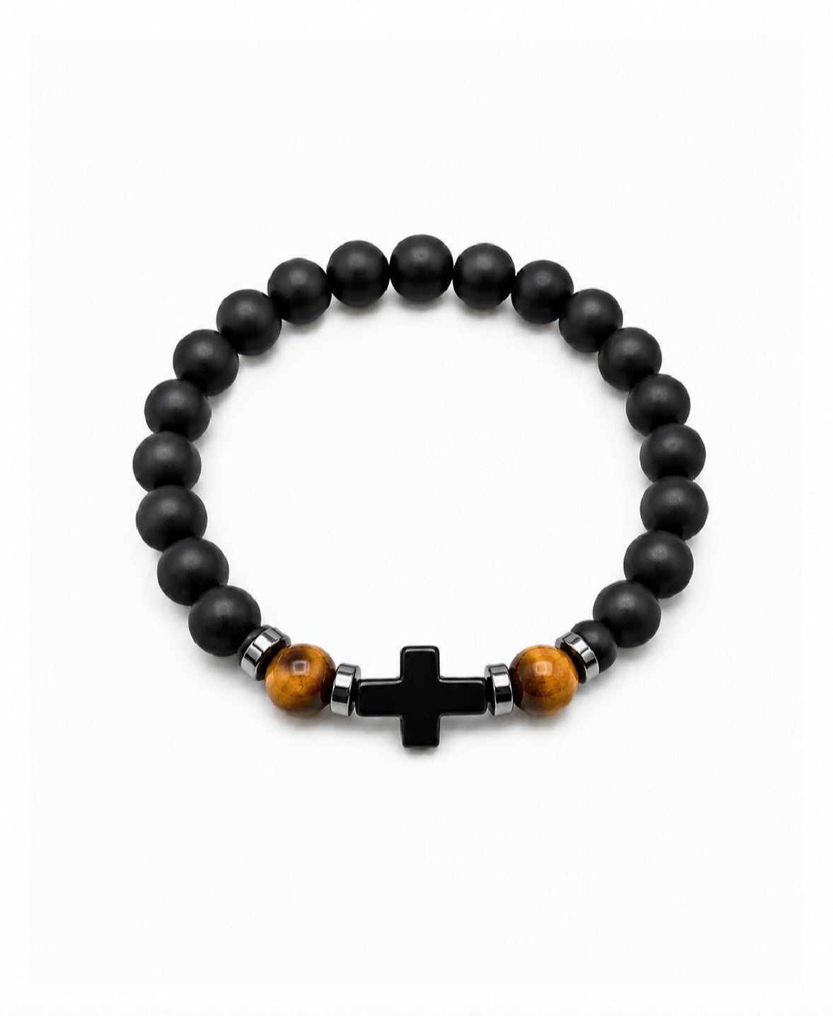 Black Onyx & Tiger Eye with Black Matte Cross - 8mm Beaded Stretch Bracelet