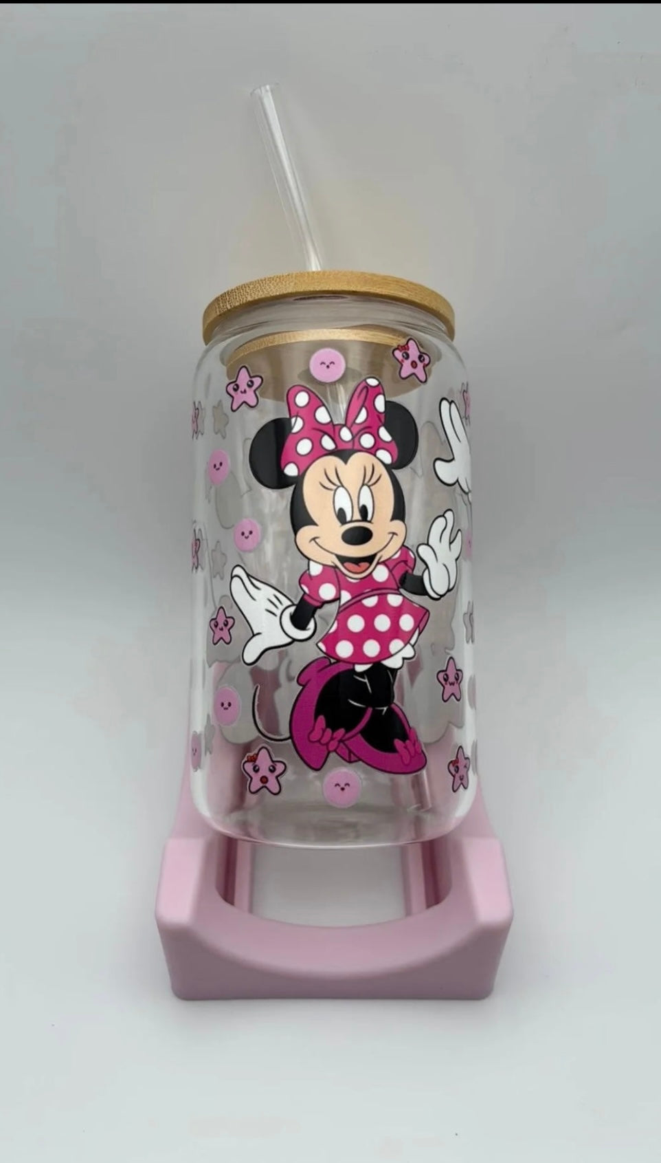 Pink Minnie Mouse Glass Tumbler • 16oz • Bamboo Lid + Glass Straw
