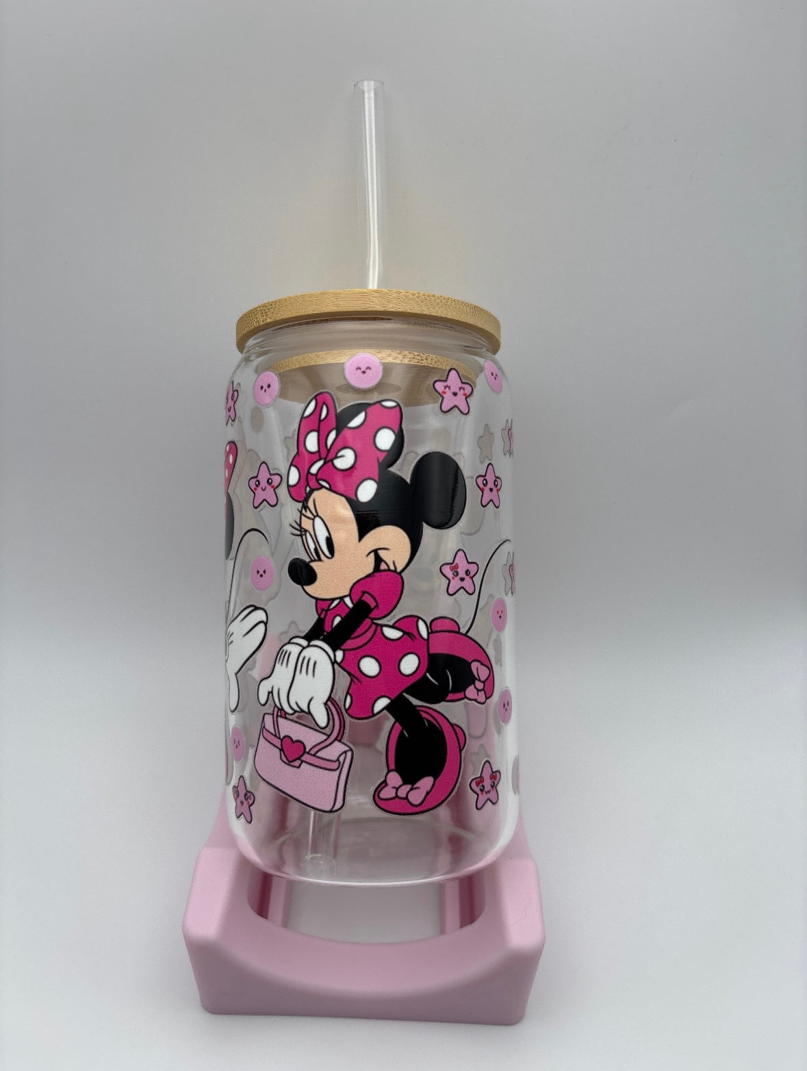Pink Minnie Mouse Glass Tumbler • 16oz • Bamboo Lid + Glass Straw
