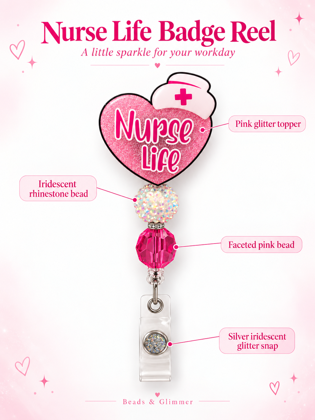 Nurse Life Pink Glitter Beaded Badge Reel with ID Holder