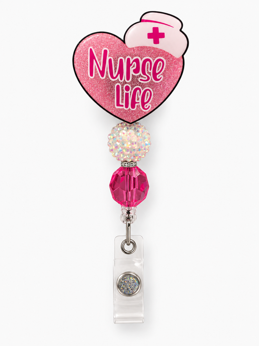Nurse Life Pink Glitter Beaded Badge Reel with ID Holder